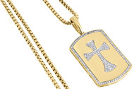 10K Yellow Gold Genuine Diamond Cross Centered Dog Tag Charm Pendant 0.33 Ct.