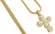 Diamond Mini Cross Pendant Round Cut Yellow Gold Charm w/ Franco Chain 1.50 Ct.