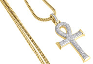 Diamond Ankh Cross Pendant Yellow Gold Egyptian Charm w/ Franco Chain 1.55 Ct.