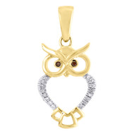 10K Yellow Gold Red Diamond Ladies Owl Pendant Animal Charm  0.05 CT.