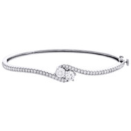14K White Gold Round Diamond 2 Stone Bypass Bangle Hearts Together Bracelet 2 CT