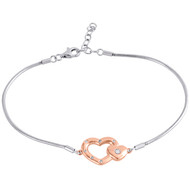 .925 Sterling Silver Diamond Rose Tone Double Heart Tennis Bracelet 8" 1/20 Ct.