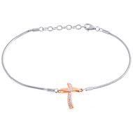 Sterling Silver & Round Diamond Cross Charm Statement Pave Bracelet 8" | 1/12 CT