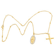 Sterling Silver Gold Tone Diamond Mary Medallion + Cross Necklace 16" 0.10 CT.