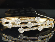 Diamond Flower Bangle Ladies 14K Yellow Gold Round Pave 3 Row Style Bracelet