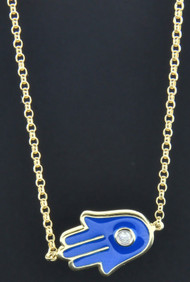 Hamsa Hand Diamond Necklace 10K Yellow Gold Khamsa Palm Shape Amulet Blue Enamel