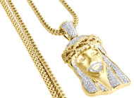 Diamond Jesus Face Brushed Finish Pendant 10K Gold Charm w/ Franco Chain 1.60 Ct