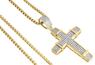 Diamond Cross Pendant Yellow Gold Mens Pave Charm 0.43 Ct. & Round Box Chain Set