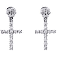 10K White Gold Real Diamond Prong Set Cross Danglers Drop Earrings Studs 1.82 CT