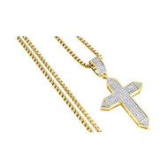 Diamond Cross Pendant Yellow Gold Mens Pave Charm 0.42 Ct. & Round Box Chain Set