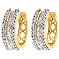 10K Yellow Gold Baguette Diamond 3 Row Hoops Ladies Huggie Earrings 0.50 Ct.