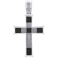Sterling Silver Black & White Diamond Cross Pendant 3" Mens Pave Charm 1.47 CT.