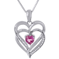 Diamond Heart Pendant .925 Sterling Silver Created Pink Sapphire w/ Chain .71 Ct