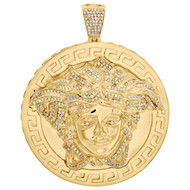Yellow Sterling Silver Diamond Greek Key Medallion Pendant 2.50" Pave Charm 1 CT