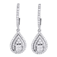 Diamond Teardrop Earrings Ladies 14K White Gold Princess Cut Danglers 1.18 Tcw.