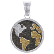 Sterling Silver Black Yellow & White Diamond World Map Pendant 3" Charm 2.90 CT.