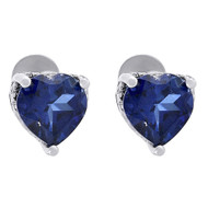 Created Blue Sapphire Heart Earrings Ladies .925 Sterling Silver Studs 2 Tcw.