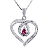 Diamond Heart Pendant Charm .925 Sterling Silver Created Ruby with Chain 0.24 Ct