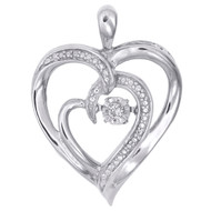 Sterling Silver & Dancing Diamond Double Heart Frame Pendant 1" Charm 0.03 CT.