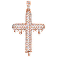 10K Rose Gold Genuine Round Diamond Drip Cross Pendant Mens 2" Charm 3.82 CT.