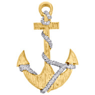 14K Yellow Gold Diamond Hammered Anchor Sailor Rope Pendant 2" Charm 1.05 CT.