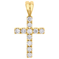14K Yellow Gold Real Diamond Mini 1 Row Prong Set Cross Pendant 1" Charm 0.57 CT