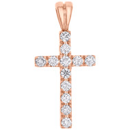 14K Rose Gold Real Diamond Mini 1 Row Prong Set Cross Pendant 1" Charm 0.57 CT.