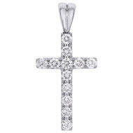 14K White Gold Real Diamond Mini 1 Row Prong Set Cross Pendant 1" Charm 0.57 CT.