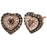 10K Rose Gold Brown & White Round Diamond Heart Stud Halo Earrings 10.5mm 5/8 CT