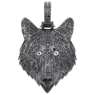 14K White Gold Black Diamond Gray Timber Wolf Pendant 2.20" Pave Charm 4.01 CT.