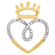 10K Yellow Gold Round Diamond Heart Crowned Heart Pendant 0.85" Charm 1/5 CT.