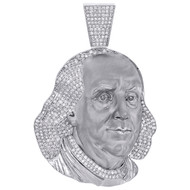 10K White Gold Mens Diamond Benjamin Franklin Face Pendant 2.35" Charm 1.93 CT.