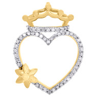 10K Yellow Gold Round Diamond Heart Crown Sun Flower Pendant 0.90" Charm 1/4 CT.