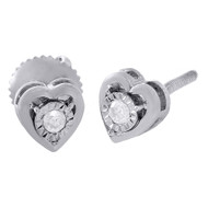 925 Sterling Silver & Diamond Heart Earrings Ladies 5.50mm Bezel Stud 1/15 Ct.