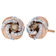 10K Rose Gold Solitaire Brown Diamond Studs Ladies 9.10mm Swirl Earrings 0.50 Ct
