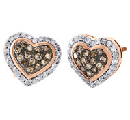 10K Rose Gold Brown Diamond Heart Studs Ladies 10.50mm Halo Earrings 0.50 Ct.