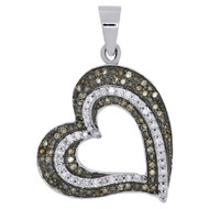 10K White Gold Tilted Brown Diamond Heart Pendant 1.2" Charm  3/8 CT.