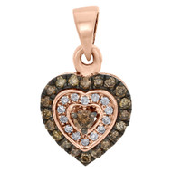 10K Rose Gold Brown Diamond Heart Pendant Double Halo Frame Charm  1/3 CT.