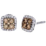 14K White Gold Brown Diamond Flower Studs Square Halo 6.75mm Earrings 0.50 CT.