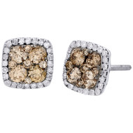 14K White Gold Brown Diamond Flower Studs Square Halo 8mm Earrings 1 CT.