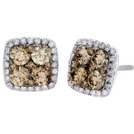 14K White Gold Brown Diamond Flower Studs Square Halo 9mm Earrings 1.50 CT.