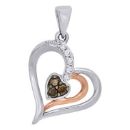 10K White  & Rose Gold Brown Diamond Heart Pendant 0.85" Charm  1/8 CT.