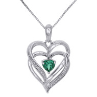 .925 Sterling Silver Created Emerald & Diamond Heart Pendant 0.01 Ct. w/ Chain