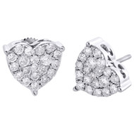 10K White Gold Diamond 3 Prong Heart Frame Cluster Studs 10.5mm Earrings 1 CT.