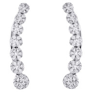 10K White Gold Diamond Ear Climbers Graduated Flower Earrings 0.85" Long 0.50 CT
