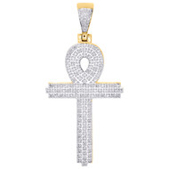 10K Yellow Gold Real Diamond Egyptian Ankh Cross Pendant 1.90" Pave Charm 3/8 CT