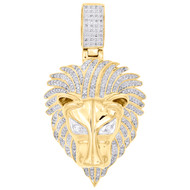 10K Yellow Gold Real Round Diamond Lion Head Pendant 2.2" Mens Pave Charm 7/8 CT