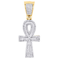 10K Yellow Gold Real Diamond Egyptian Ankh Cross Pendant 1.50" Pave Charm 1/2 CT