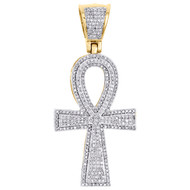 10K Yellow Gold Real Diamond Egyptian Ankh Cross Pendant 2.05" Pave Charm 1 CT.