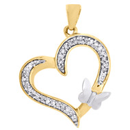 10K Two Tone Gold Round Diamond Cut Out Heart & Butterfly Ladies Pendant 1/10 Ct